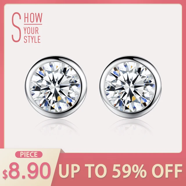 CZCITY Single Round CZ Stone Stering Silver Earrings for Women Shining Classic C CZCITY Single Round CZ Stone Stering Silver Earrings for Women Shining Classic C