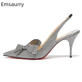 

Ladylike Striped Butterfly-knot High Heel Shoes Woman Thin Heel Pointed Toe Slingback Back Strap 2020 Spring Women Pumps