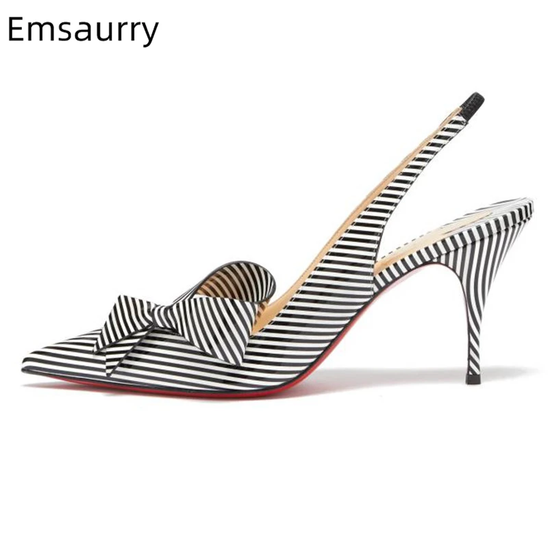 

Ladylike Striped Butterfly-knot High Heel Shoes Woman Thin Heel Pointed Toe Slingback Back Strap Party Shoes Women Pumps