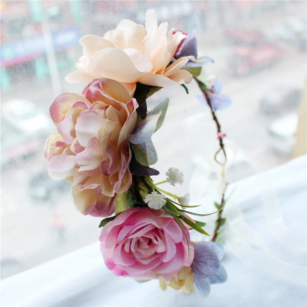 

pink roses flowers head wreath headband for bride headwear handmade flower crown headress hairband