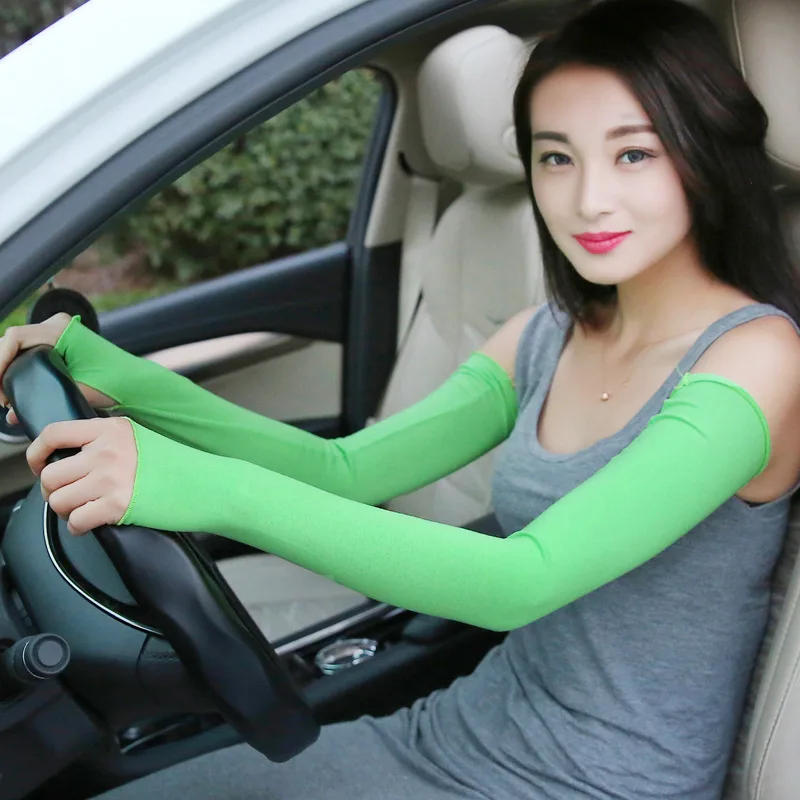 Летние женские солнцезащитные перчатки тонкие длинные половина пальцев анти-ультрафиолет рукав хлопок велосипед вождения рукава руки чехлы - Цвет: light green