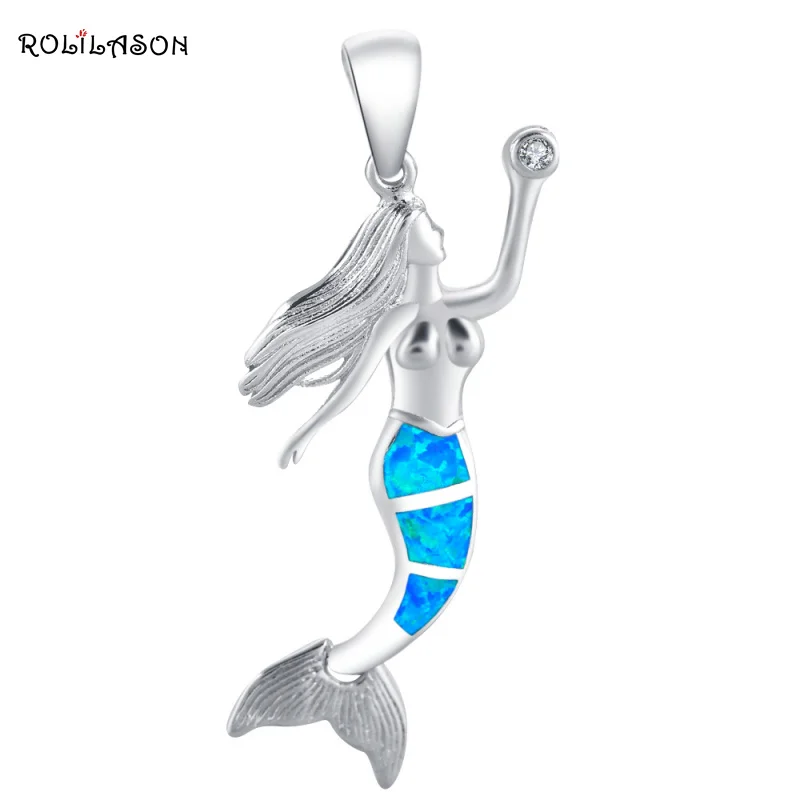 

ROLILASON Amazing Hot Sell Blue Fire Opal Pendant Silver Fashion Jewelry Blue Zircon Pendant OPS706 for Lover