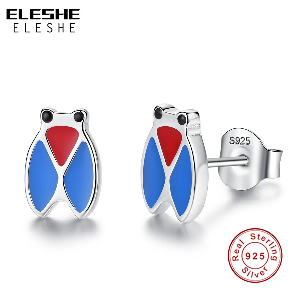 ELESHE New Fashion 925 Sterling Silver Blue Enamel Insect Cicada Stud Earrings For Women Kids Child Jewelry brincos bijoux
