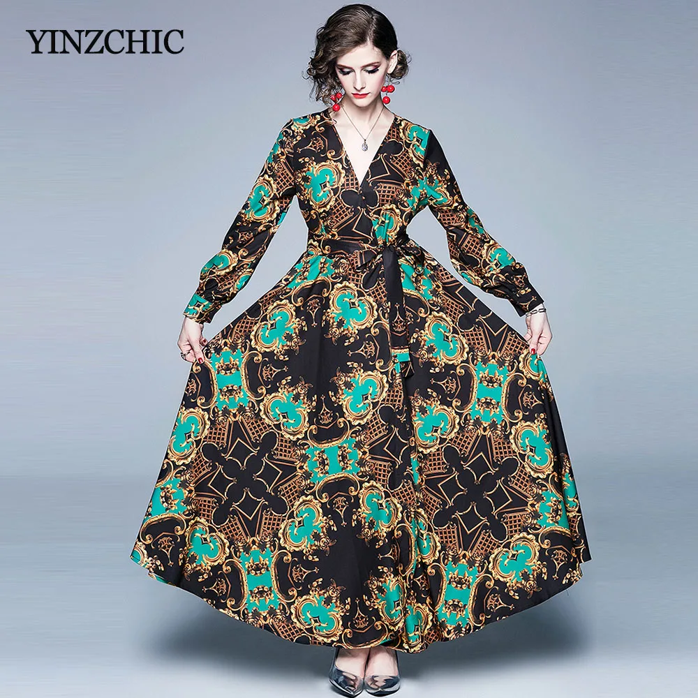 

Elegant Ladies Autumn Maxi Dress V-neck Full Sleeve Ladies A-line Party Dress Sash Waisted Woman Brand New Furcal Long Dress