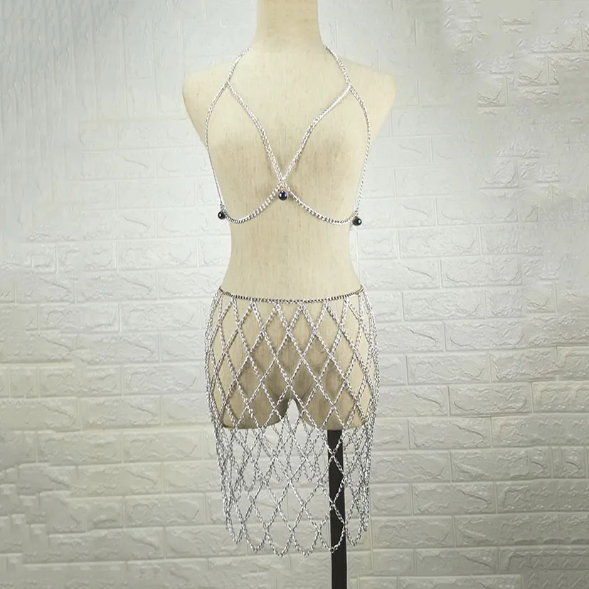 

Women Chain beads Body Bra Bikini Suit Sexy Charm Women Transparent Skirt Body Chest Chain PartyJewelry Nightclub chest chain