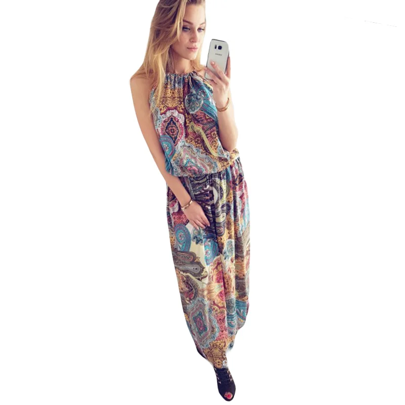 Женщины Boho Платье Богемный Стиль Тотем Цветок Печатных Холтер Шеи Без Рукавов