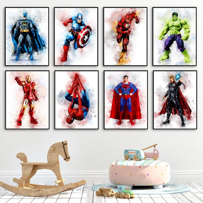 Superheroes Watercolor Art Print Kids Room Decor