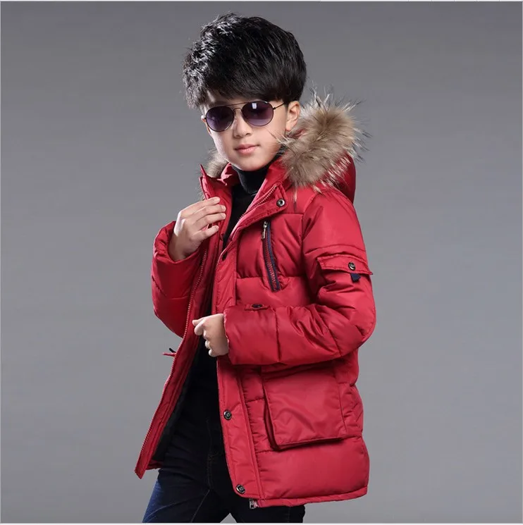 Детская зимняя куртка Верхняя одежда для мальчиков, пальто длинные теплые плотные парки с капюшоном для мальчиков детская Лыжная куртка для подростков - Цвет: Красный