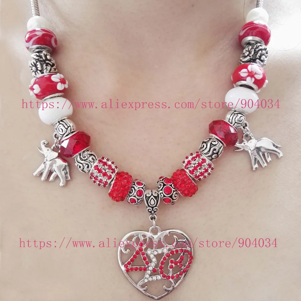 

NEW Red Bead Delta Sigma Theta Sorority Love heart elephant Charm necklace DST necklace Jewelry