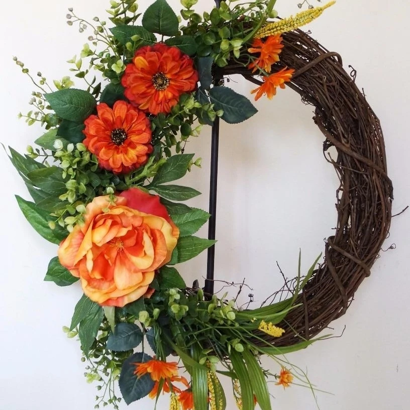 Summer Wreath, Orange Rose Country Rustic Roses Eucalyptus Wreath
