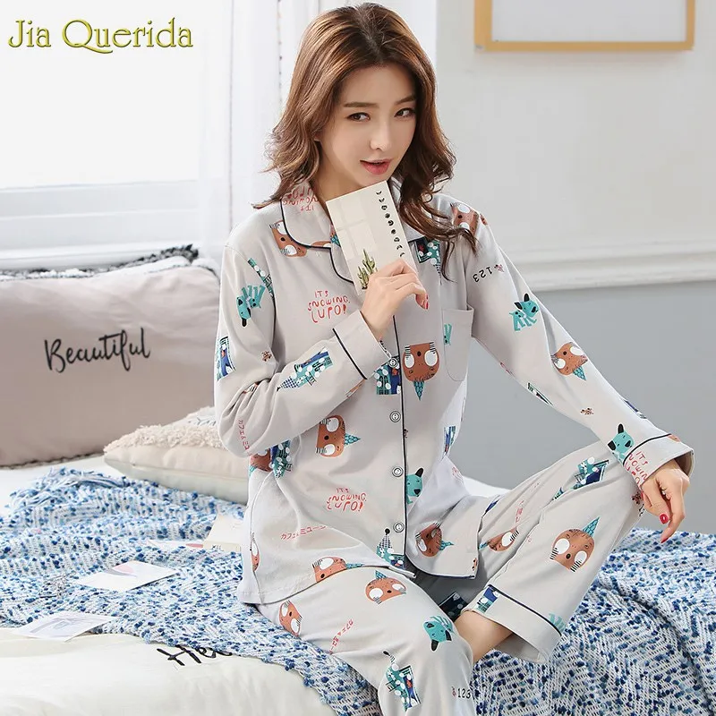 

Loungewear Women Plus Size Pyjama Women Light Grey Cartoon Printing 100% Cotton Sleeping Home Suit Leisuie Ladies Cotton Clothes