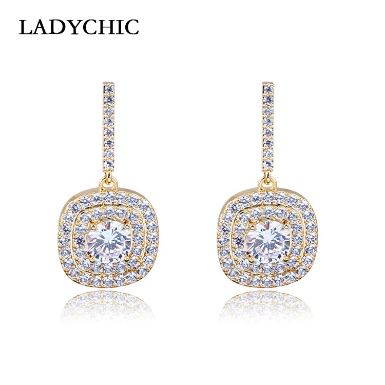 Женские двухслойные серьги подвески LADYCHIC из серебра 925 пробы с цирконом золотого