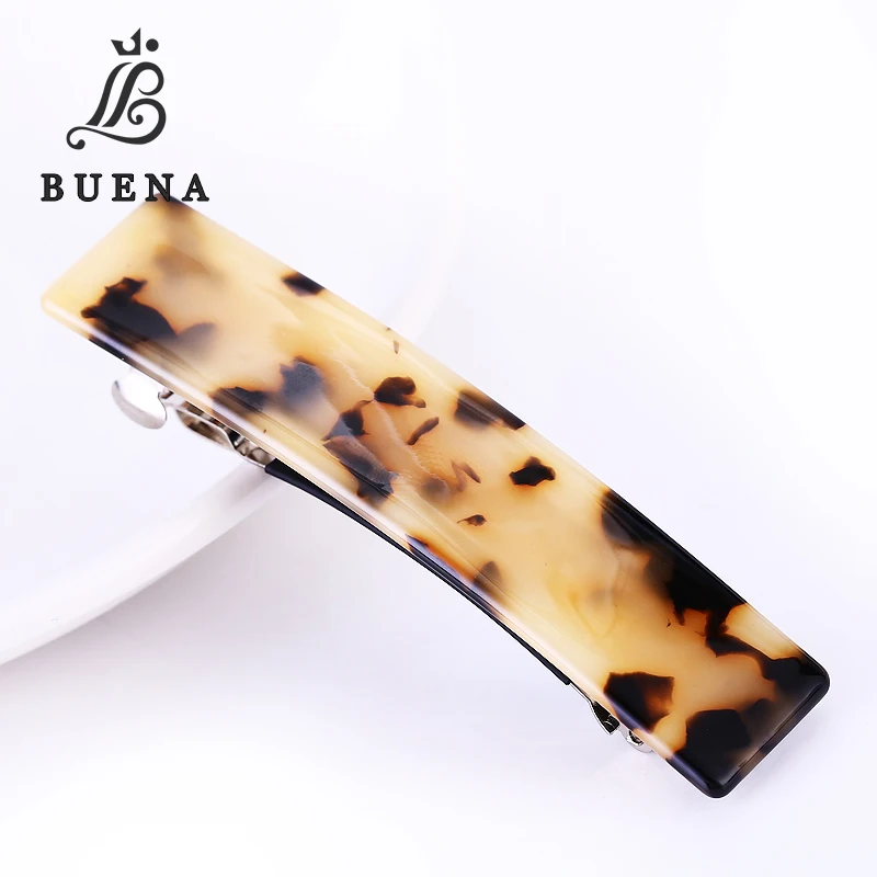 

Buena 3 colors Leopard hair barrettes Simple Curved Rectangle Turtle Clips Cellulose Acetate Charming French Pins SA17
