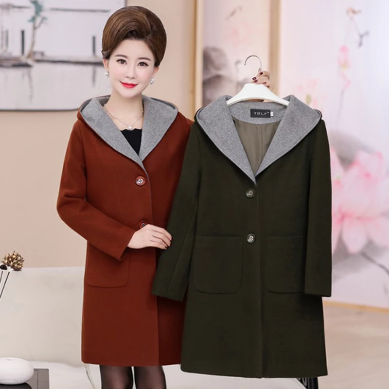 Autumn Winter Woolen Coat Women Hooded New Middle-aged Mother Clothes Long Slim Wool Coat Womens windbreaker Plus Size coat 5XL