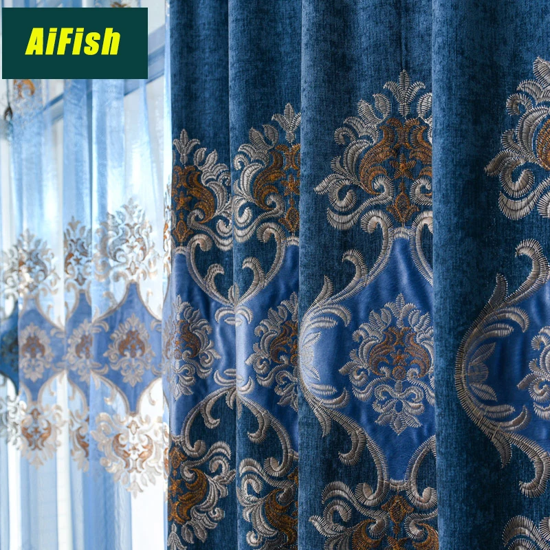 

Luxury Blackout Curtains for Bedroom windows Chenille Velvet Purple Blue Embroidery Curtains for Living Room decor WP021&4