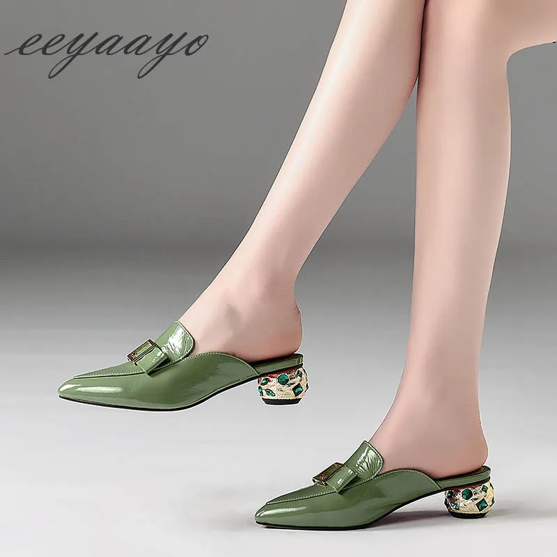 Green Medio Tacón Verde De Las Zapatillas Dulce Genuino Vaca 2019 Nuevo Fuera nude Diapositivas Mulas Cuero Mujeres Verano Zapatos TzA8Rq