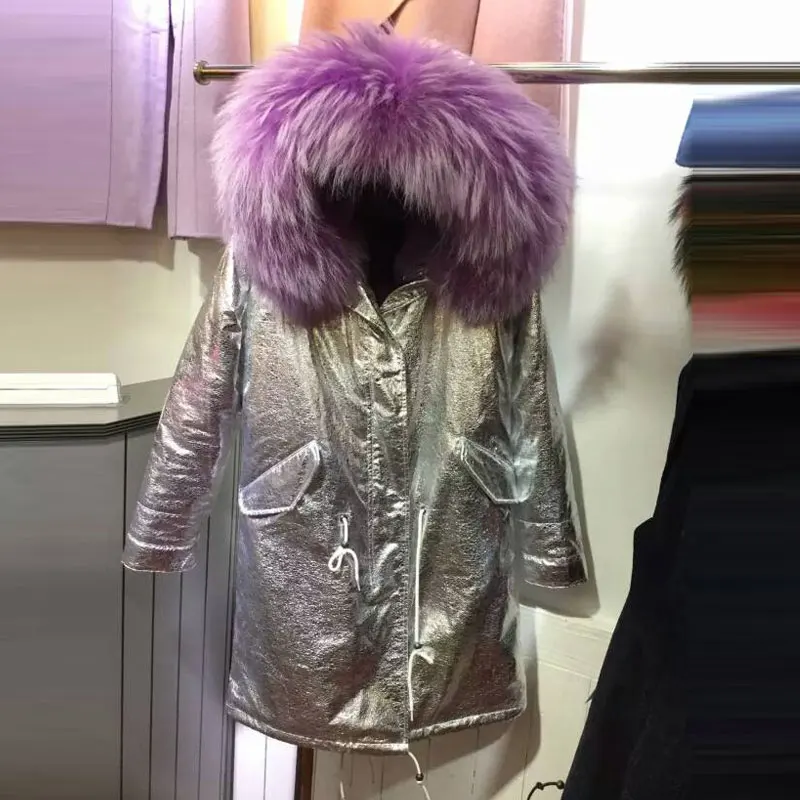 Winter long style jackets purple fur inside leather jacket raccoon fur collar sliver/gold coat