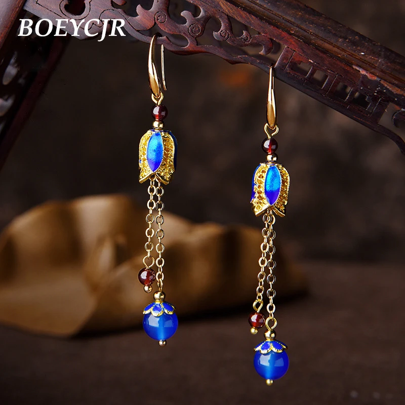 BOEYCJR Ethnic Vintage Elegant Enamel Tulip Shape Dangle Earrings