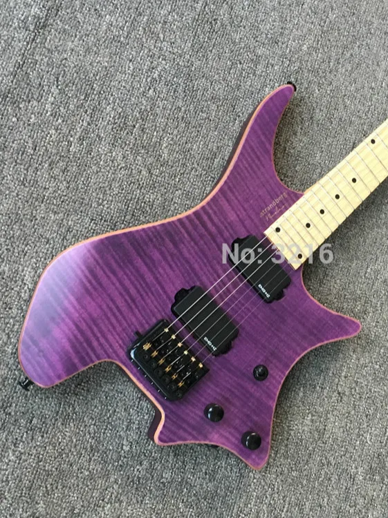 

Top Quality GYHL-0019 Headless transparent purple Color solid body tiger stripes black hardware electric Guitar,free shipping