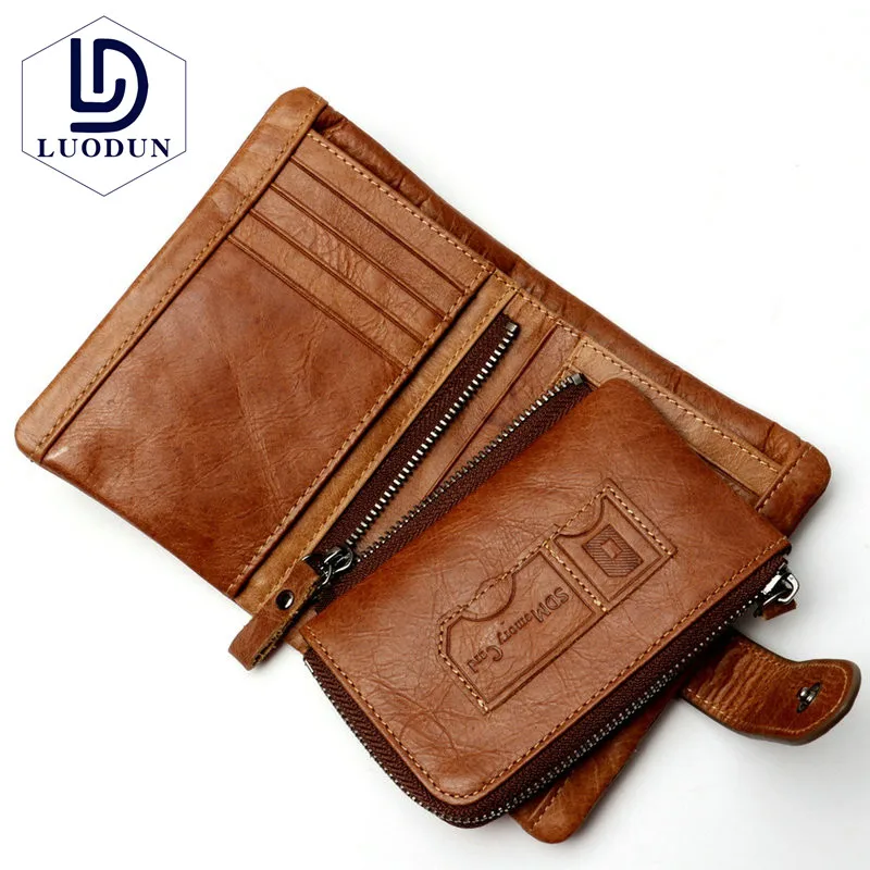 

LUODUN New 2018 Top Genuine Leather Men's Wallet Leather Short Clutch Fashion Coin Purse RFID Leather Double Zipper Wallet pouch