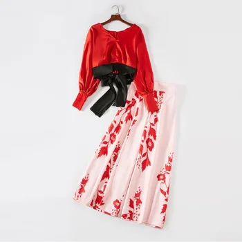 

New Arrival 2018 Fashion Suit & Sets Women V-Neck Batwing Sleeve Crop Tops Blouse+Floral Print Wide Leg Pant Sets Casual Suit