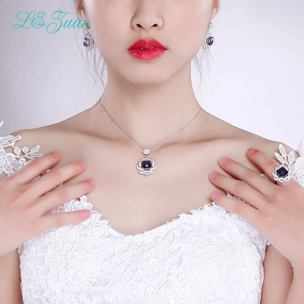 

L&zuan 4.32ct Natural Amethyst Real 925 Sterling Silver Jewelry Luxury Rings For Women Checkerboard Cut Gems Ring