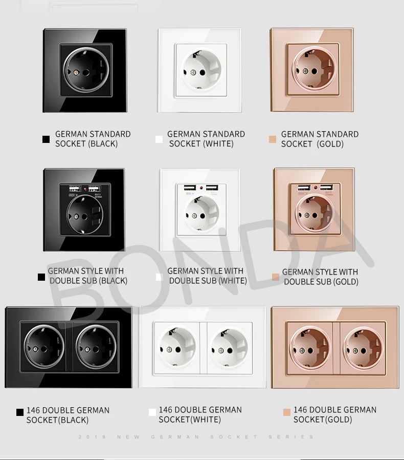 BONDA ЕС стандартный белый черный Золотой Кристалл Стеклянная Панель AC 110 250 V 16A настенная мощность Socket16A 2100ma электрическая настенная розетка