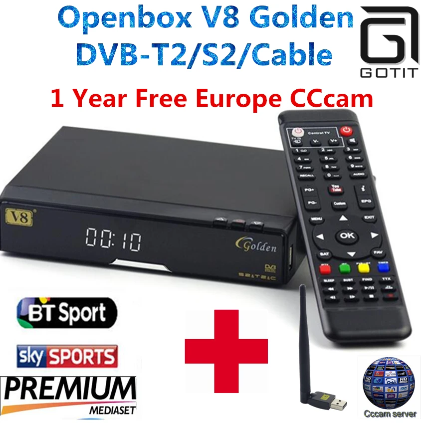 Prix pour GOTiT Openbox V8 Or DVB-S2/DVB-T2 DVB-C Récepteur satellite Décodeur avec 1 année Europe cccam Cline 1 USB WIFI set top boîte Prix pour GOTiT Openbox V8 Or DVB-S2/DVB-T2 DVB-C Récepteur satellite Décodeur avec 1 année Europe cccam Cline 1 USB WIFI set top boîte