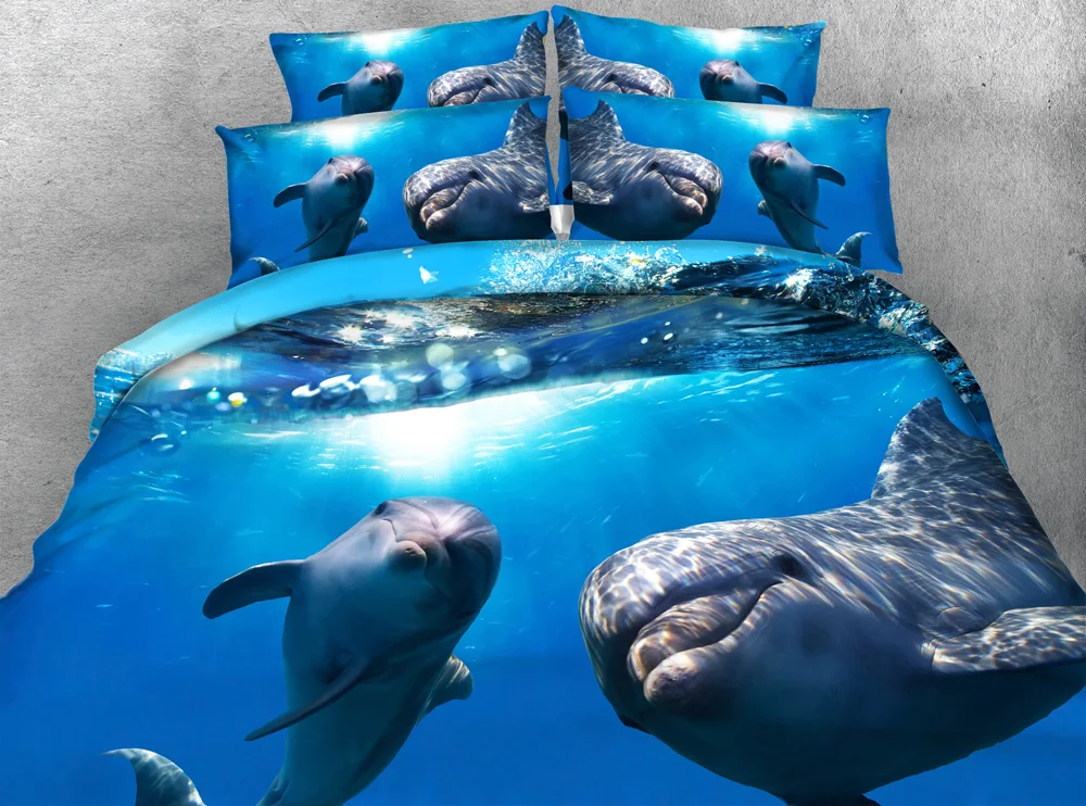 Jf 080 S 4pcs Blue Ocean And Dolphin Bedding Sets King Size