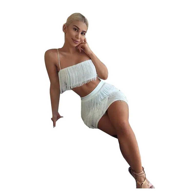 2018 Summer Vintage Tiered Tassel Fringe Crop Top& Mini Skirt Bodycon Club Sets Sexy Spaghetti Strap Backless 2 Piece Sets Women's Sets
