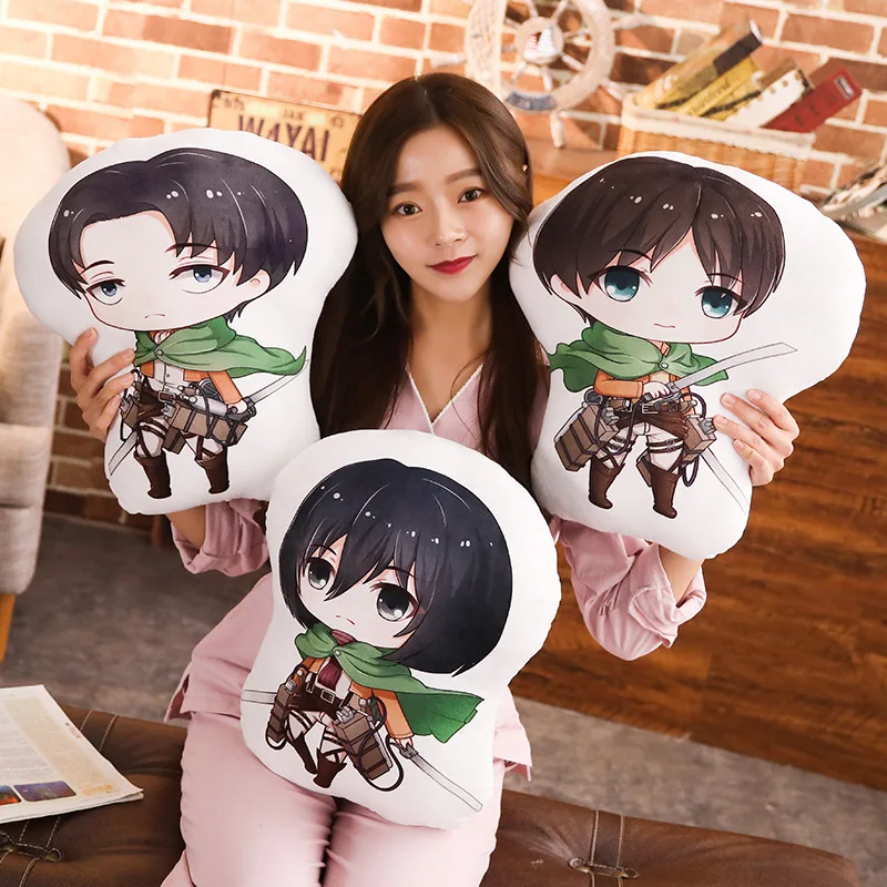 

Attack on Titan pillow toy Anime Eren Mikasa Levi Ackerman short stuffed plush doll double sided case cosplay 40cm