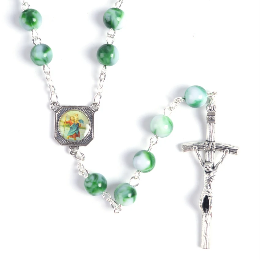 

Fashionable Religious Round Green Acrylic Beads Jesus and St Cristopher Rosary Necklace