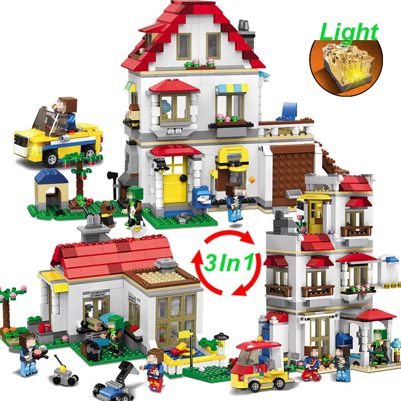 

738Pcs Minecrafted 3IN1 Family Villa Series 3D Light Model Building Blocks Compatible Legoings 33077 Bricks Children Toys Gift