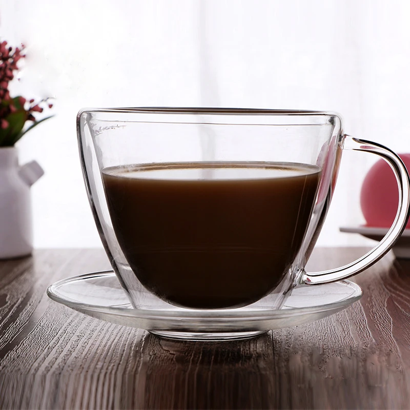 Термостойкая двойная кофейная чашка и блюдце набор Простой Прозрачный с ручкой тарелка кофейная чашка ручной работы офисное кафе