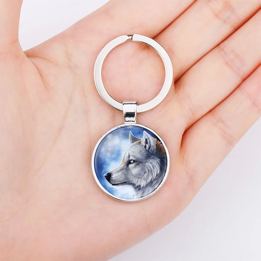 Howling Wolf Moon Glass Cabochon Key Chain Punk Head Ring Women Men Boy Handbag Car Holder Accessary Gift | Украшения и
