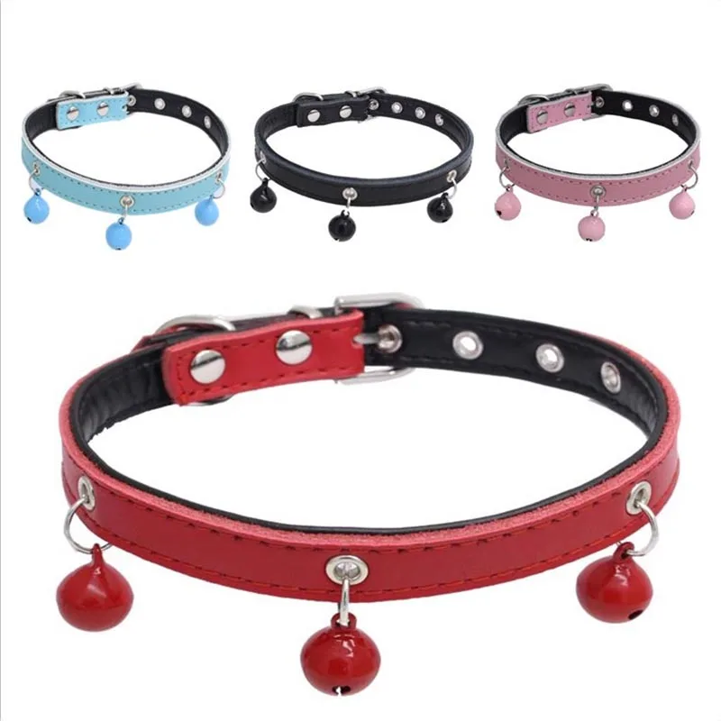 Genuine Leather Pet Dog Collar With Three Bells Comfortable Cowhide