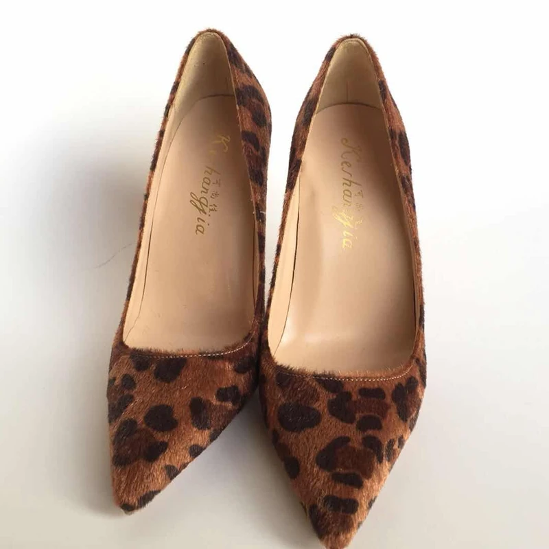 

2018Spring New fur leather pointed toe high-heeled Ladies shoes Fashion Leopard shallow mouth single shoes Slip-On party pumps