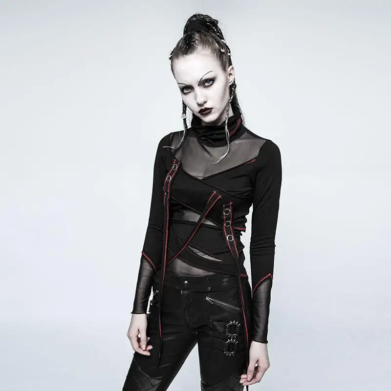 

Punk Rave Women's High Collar Mesh Sheer Straps Tops Red T-480