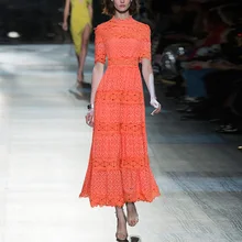 Европейское подиумное Платье женское летнее элегантное белое/оранжевое открытое кружевное длинное вечернее платье vestidos