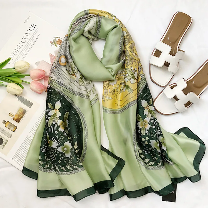 

spring women scarf fashion flowers and plants large size shawls silk scarves summer lady pashmina bandana oversize female caps