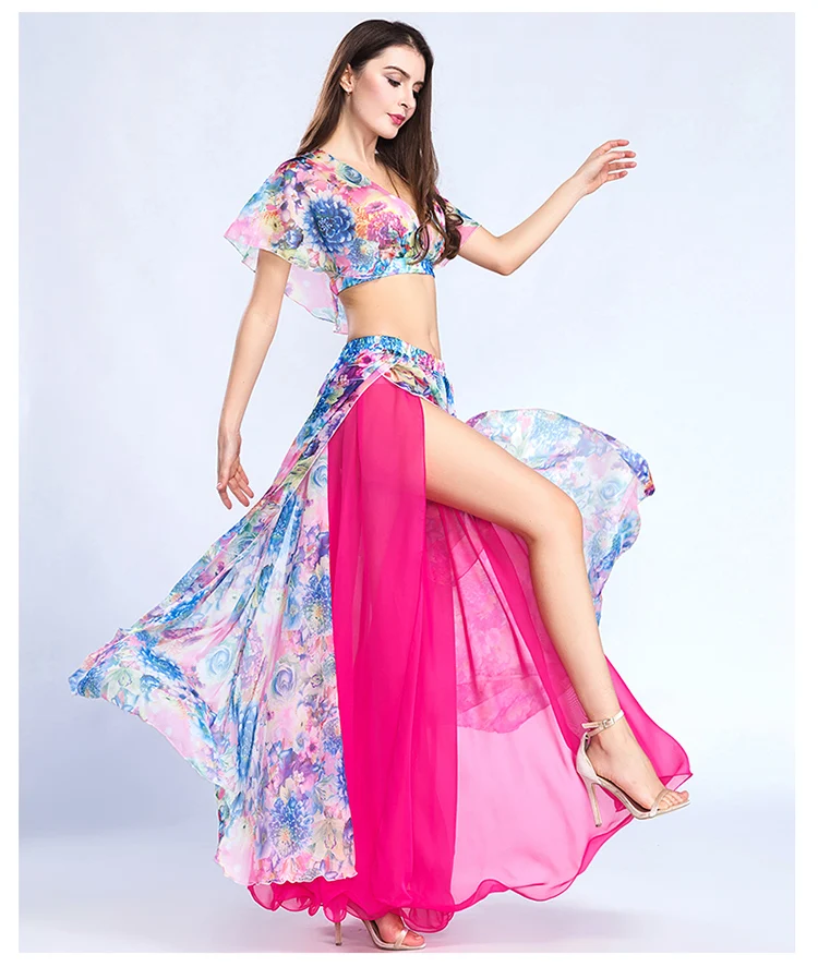 Новое поступление, женский топ с принтом+ юбка, 2 предмета, костюмы для танца живота, практичная одежда, сексуальная Длинная юбка для танцев ZH8809