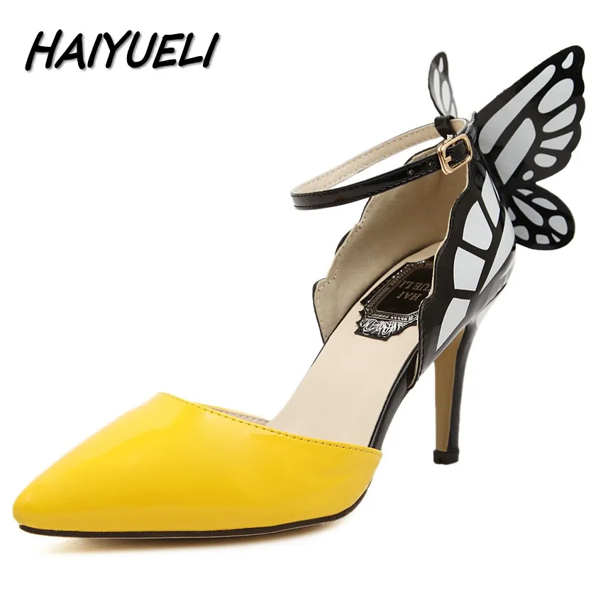 yellow heels with butterflies