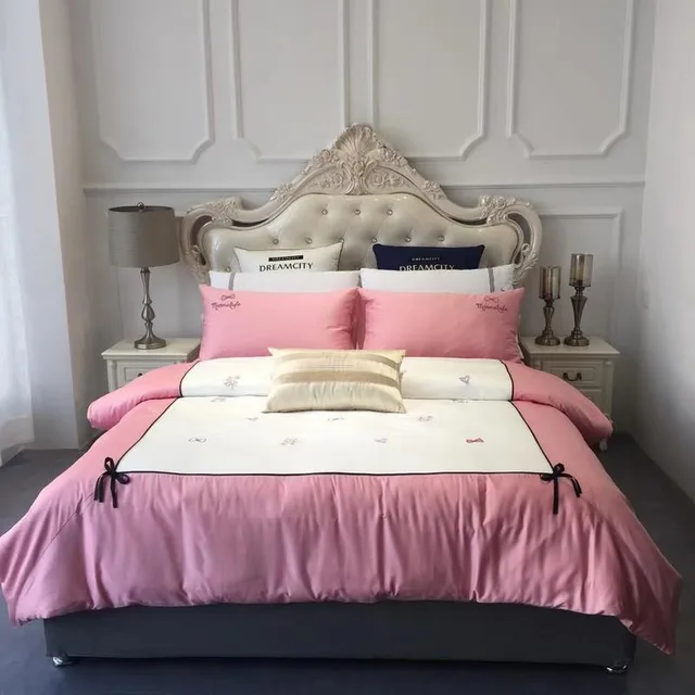Cheap Queen king size white pink Bedding Set for girls bed set Egyptian cotton flower embroidery Bedsheets Duvet quilt cover set 40
