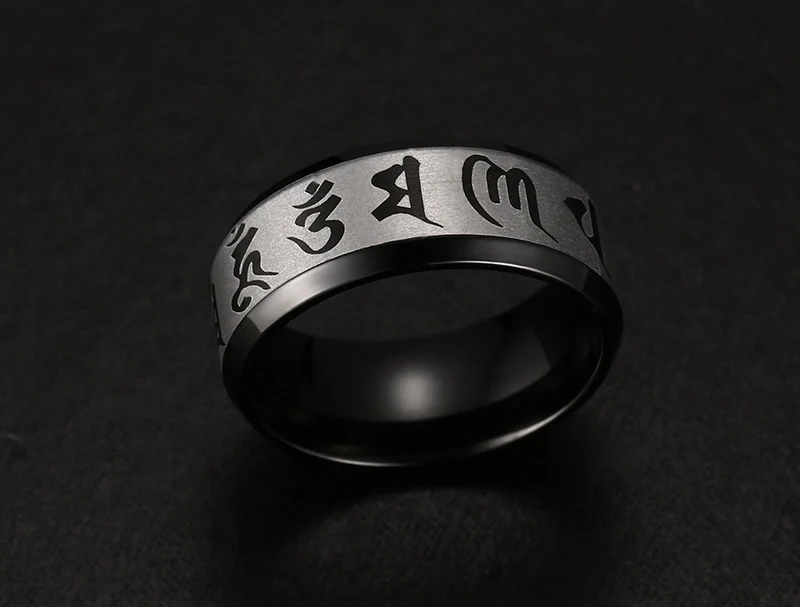 Meaeguet Traditional Om Mani Padme Hum Men Ring Black Color Wedding Rings For Men Jewelry Stainless Steel Ring