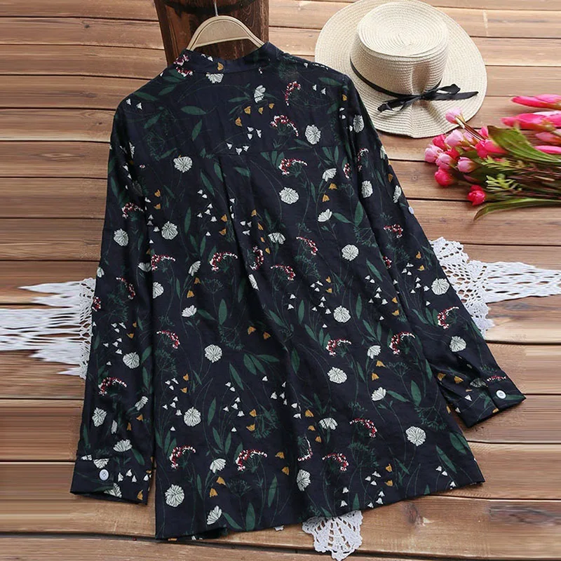 Floral Printed Blouse Tops Lady Large Size Long Sleeve Shirt Women 2018 Autumn V-Neck Medium Length Shirts Femme Literary Blusas