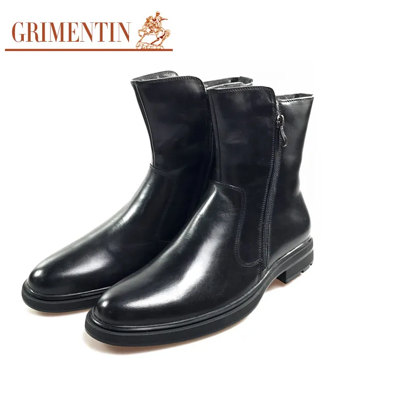 GRINENTIN/зимние мужские ботинки на меху из натуральной кожи; Черная официальная деловая обувь
