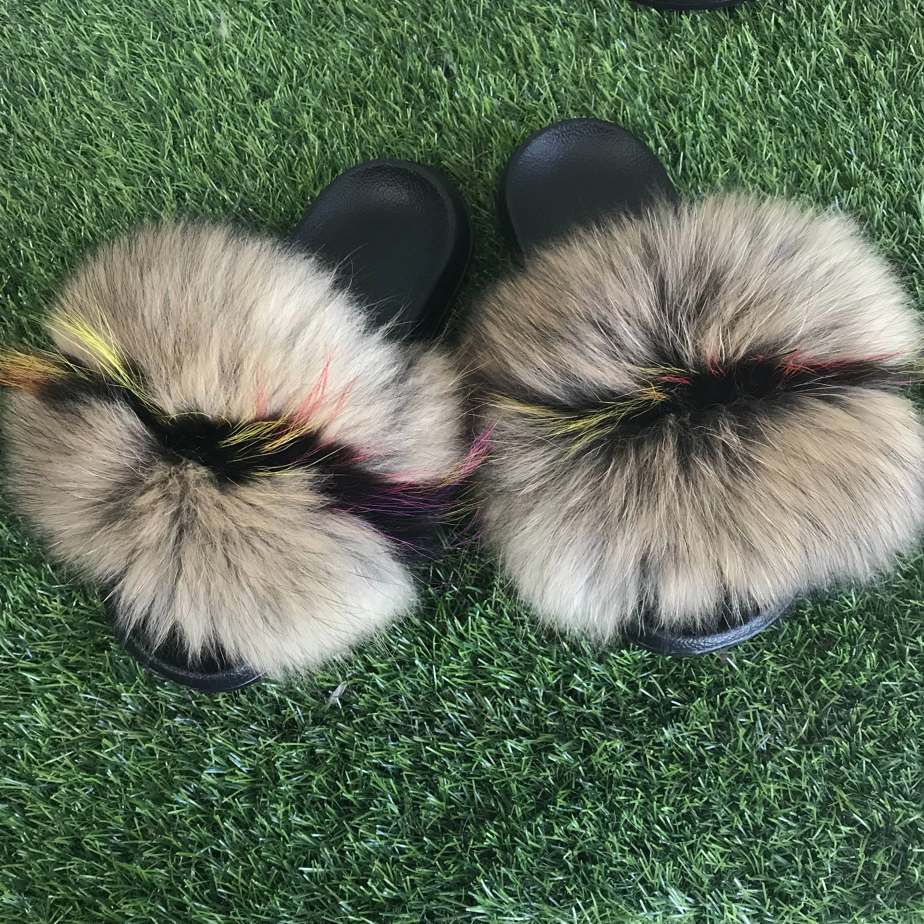 

FunFur - Real Raccoon Fur Fur Slides Slippers With Multi fur Slides Indoor Outdoor Sandals Shoes