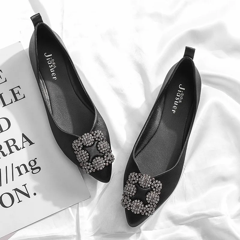 

Shoes Women Casual Pointed Toe Black Satin for Women Flats Rhinestone Square buckle Comfortable Slip on Women Shoes