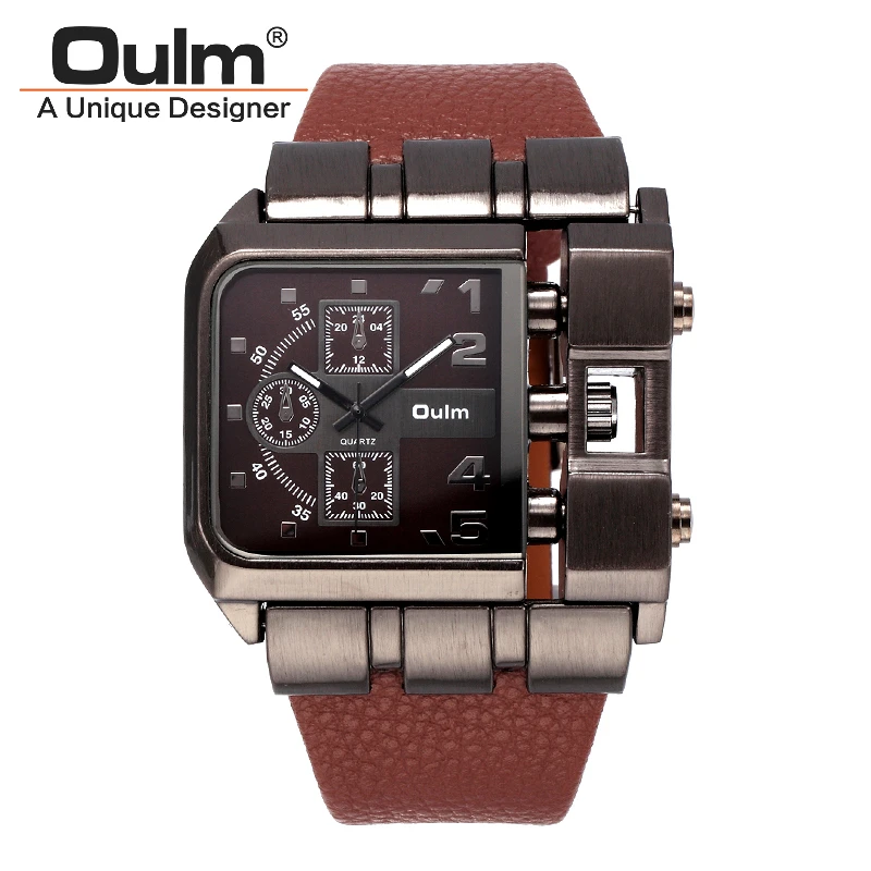 

Oulm Brand Mens Leather Strap Square Big Dial Sport Quartz Watch Outdoor Army Military Wristwatches With Gift Box 2016 New