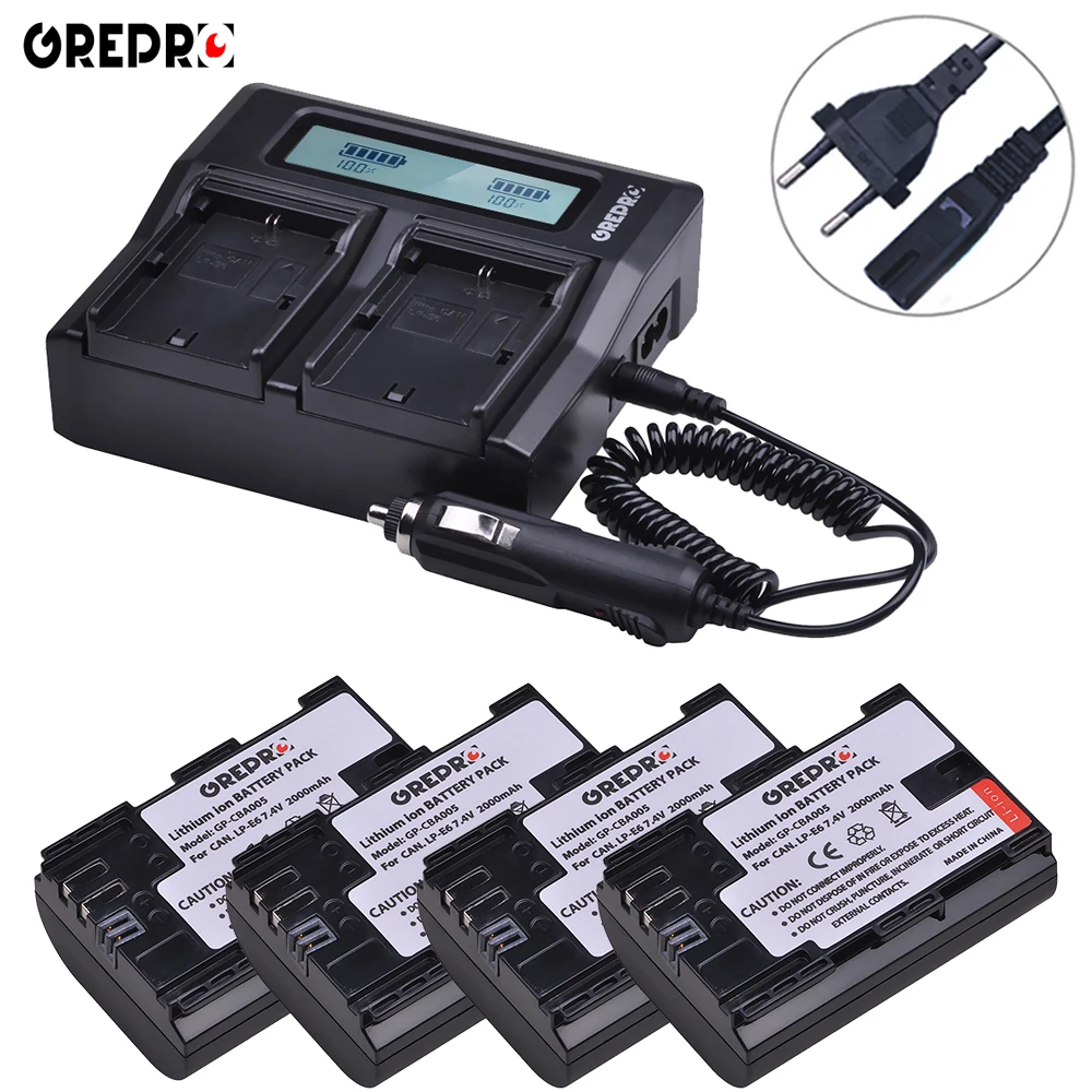 

GREPRO 4pcs 2000mAh LP E6 LPE6 LP-E6 E6N Camera Battery+Rapid LCD Charger for Canon EOS 5DS R 5D Mark II 5D Mark III 6D 7D 80D